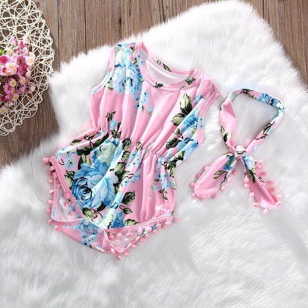 

summer female baby floral tassel sleeveless jumpsuit romper hairband set size70cm, Black;white