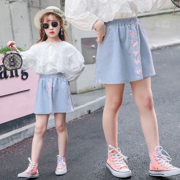 

2021 new autumn 4-8 9 10-11 13 years school children embroidered lovely hearts denim with summer pocket for baby girls m2un, Blue