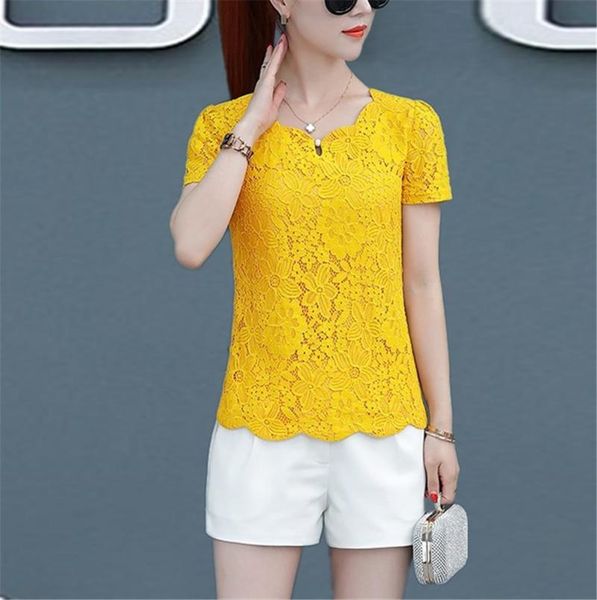 

women's blouses & shirts 2021 autumn blusas feminina korean spring summer women vestidos loose short sleeve yellow lace female zy5514, White