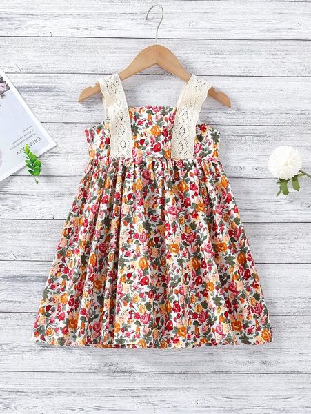 

toddler girls floral print contrast lace straps dress she, Red;yellow
