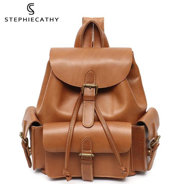 

backpack sc vintage genuine leather women backpacks casual functional pockets flap drawstring shoulder bags real cowhide knapsack