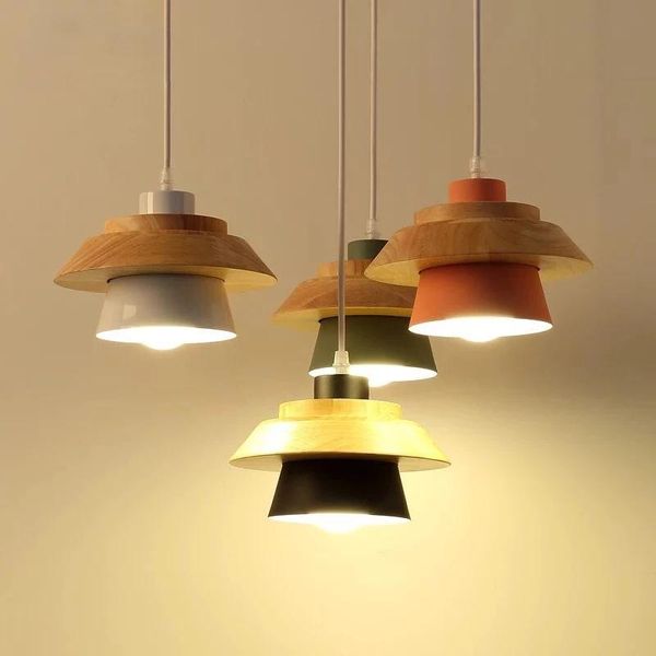 

pendant lamps lamp modern e27 lights wood for bedroom hanging nordic aluminum lampshade led bulb kitchen light
