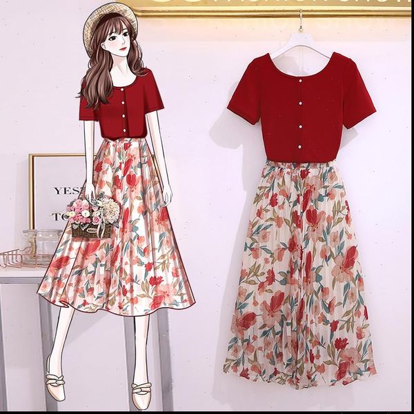 

sweet two pieces set women button knitted pullover elastic waist flower print chiffon pleated skirt suits summer outfits, Gray