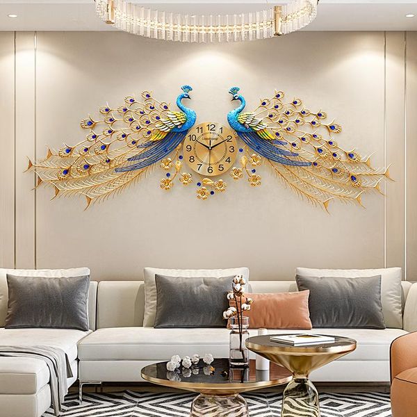 

wall clocks art peacock clock modern design metal silent gift luxury living room golden color horloge home decoration zp50zb