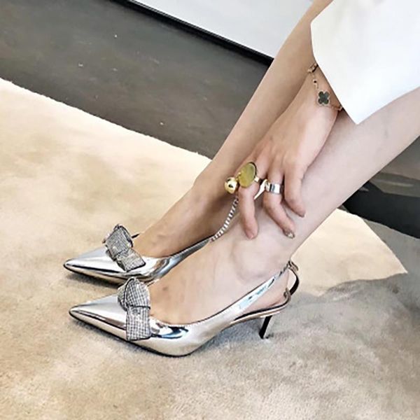 

dress shoes ladies slingbacks bowtie sandals 2021 women rhinestones woman pointed toe women's fashion female plus size party1, Black