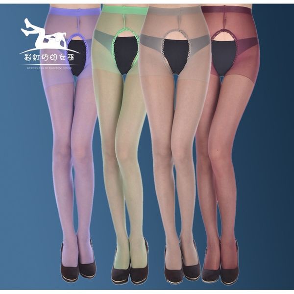 

thin file silk stockings without taking off pantyhose thin double-sided open crotch transparent women's fun socks, Black;white