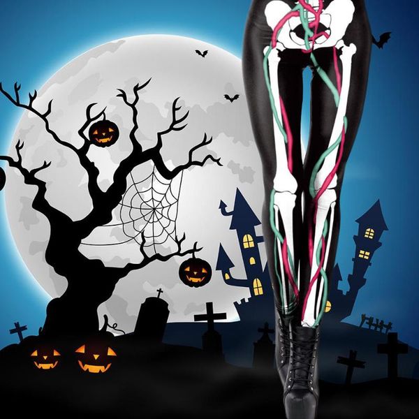 

women's leggings halloween 3d skull leg bones print punk women cosplay zombie slim legging horror pumpkin head, Black