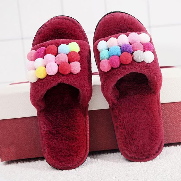 

slippers 2021 short plush mixed colors women winter shoes sweet indoor house with fur flats, Black