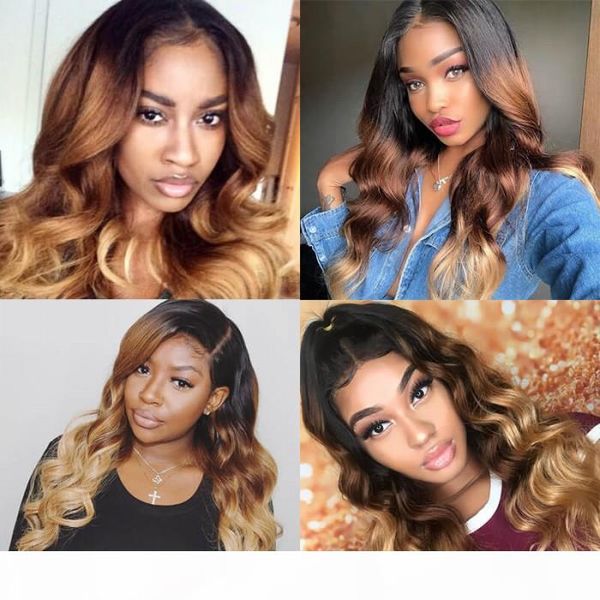 

tkwig human virgin hair 4 pcs pack three tone ombre body wave hair lace black women brazilian human hair, Black;brown