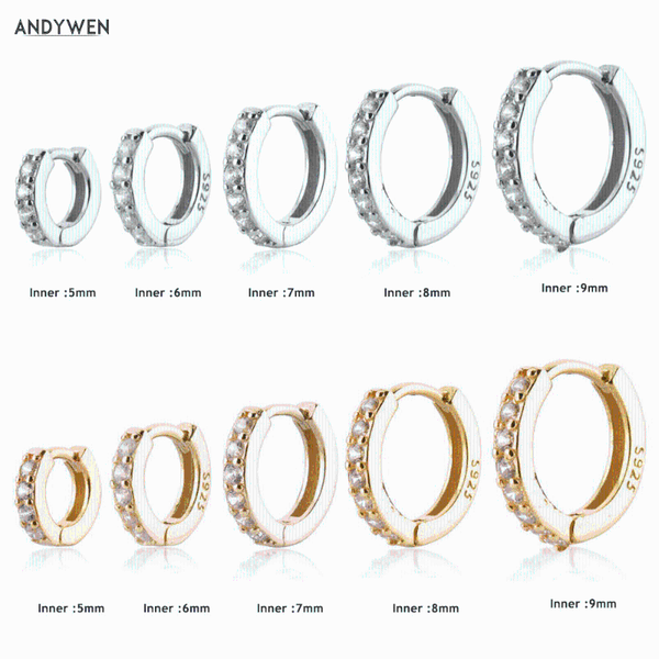 

hoop & huggie andywen 925 sterling silver gold clear 5mm to 9mm crystal hoops circle piercing loops luxury jewelry pendientes women, Golden;silver