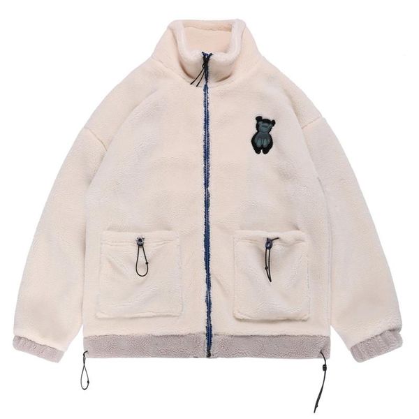 

men's jackets japanese streetwear lambswool jacket coat men women couple beer embroidery winter thick outwear sports windbreaker zip up, Black;brown