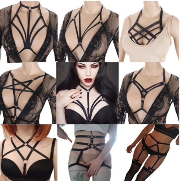 

pentagram women rave wear bondage goth crop fetish cage bra lingerie kouseand riem star harnas beha, Black;white