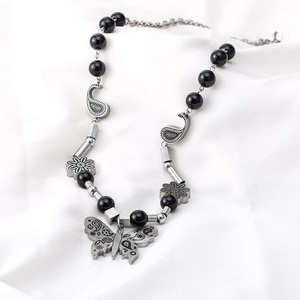

chains titanium steel black pearl butterfly splicing long necklace, Silver