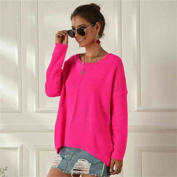 Maglione color neon da donna Primavera Autunno Donna Slash Neck Moda Camicie lavorate a maglia Casual Pullover oversize Maglione allentato Top 210914