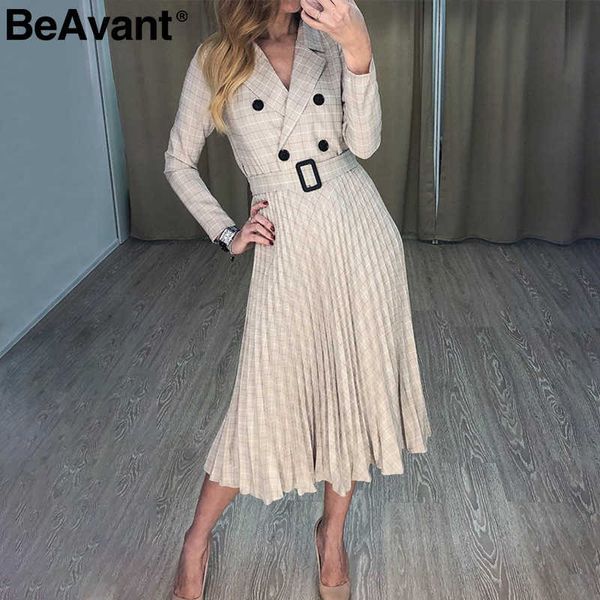 Beavant em v-pescoço em v vestido xadrez vestido mulheres manga longa elegante vestidos plissados ​​de escritório feminino cinto outono inverno vestidos robe 210709