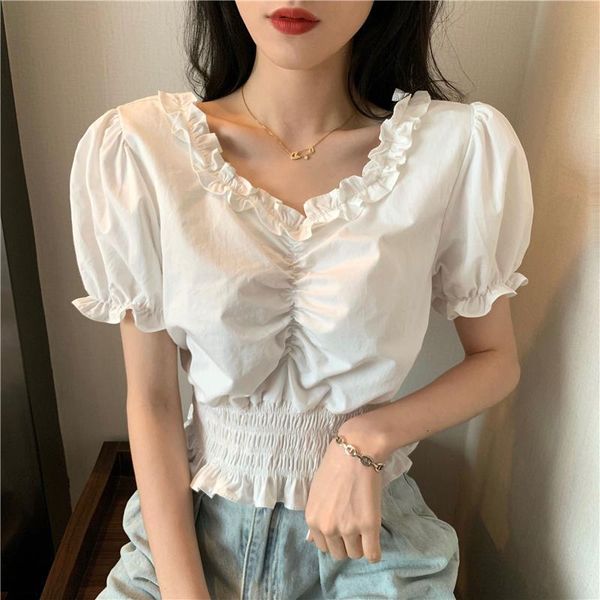 

summer sweet ruffles v neck cropped blouses women short puff sleeve vintage black and white shirts crop for girls