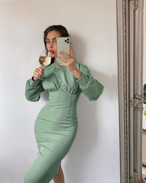 

elegant woman tight green fitting long sleeves with neck temperament dress clothes ladies autumn winter ayyg, Black;gray