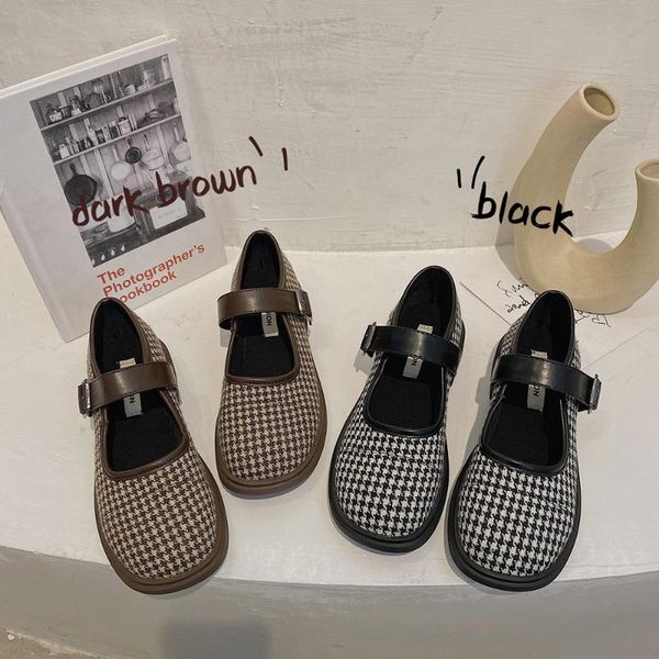 

boots 2021 houndstooth women's shoes japanese autumn and winter big toe college style sweet single mary jane, Black