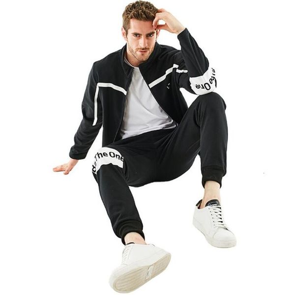 

suit men's 2021 autumn winter thick youth letter print mosaic casual loose large zipper hoodie + pants sportswear jogging 1n74, White;black
