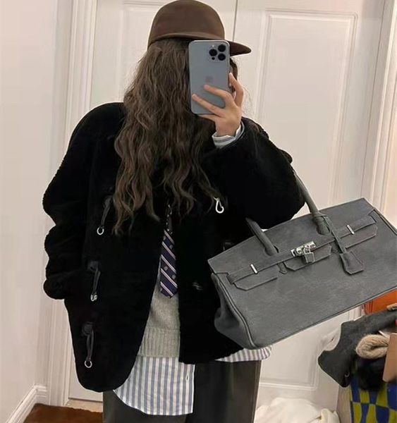 

women's jackets 2021 autumn and winter lamb woolen fur one piece metal multi button loose coat jacket, Black;brown