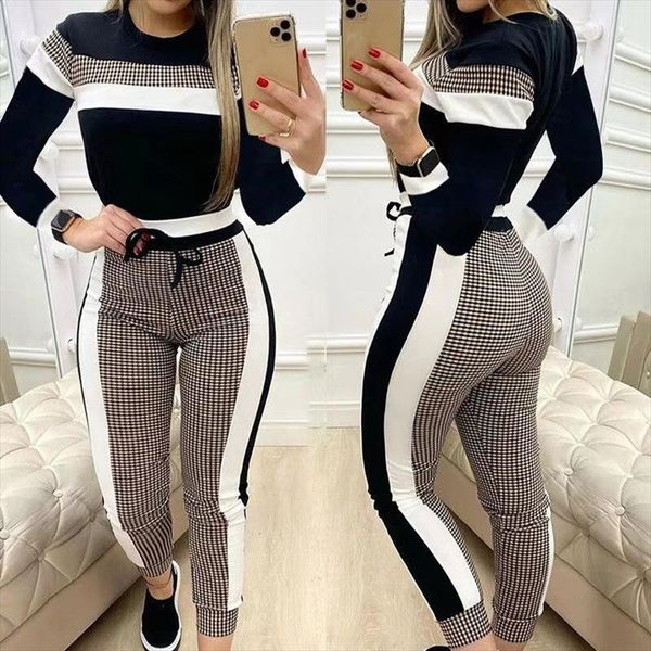 

plaid color block printed womens capris skinny casual long sleeve suit pants check stripe fashion 2 pcs set clothing, Black;white