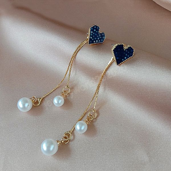 Moda Jóias S925 Prata Post Borne Azul Love Faux Pearl Dangle Tassel Stud Brincos