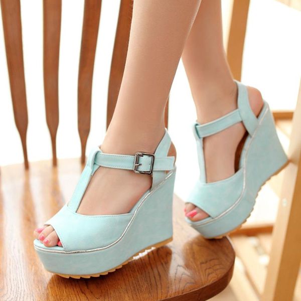 

sandals 2021 sale peep toe platform t-strap wedges high heels leisure sweet lady elegant summer women shoes, Black