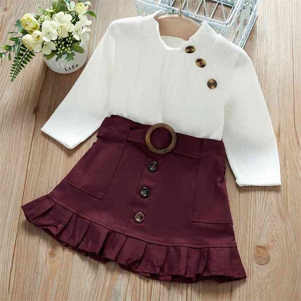

autumn and spring baby toddler girl turtleneck solid knitted buckle ruffled suit-dress sets children clothing 210528, White