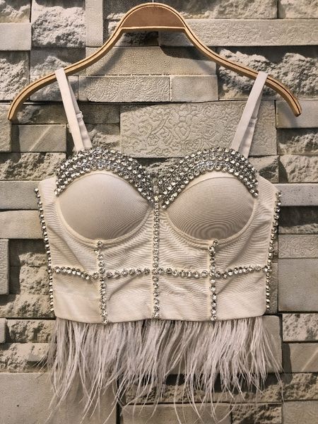 

2021 new hand beaded diamond sequin feather crop women sleeveless blouse night club party bustier bra b1y0, White