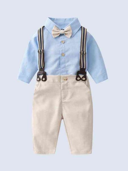 

baby bow front shirt & suspender pants set she, White