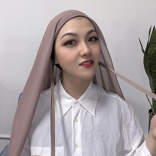 

ethnic clothing muslim women bonnet with rope chiffon shawl convenient elastic bandaged underscarf cap islam inner hijab cover headwrap, Red