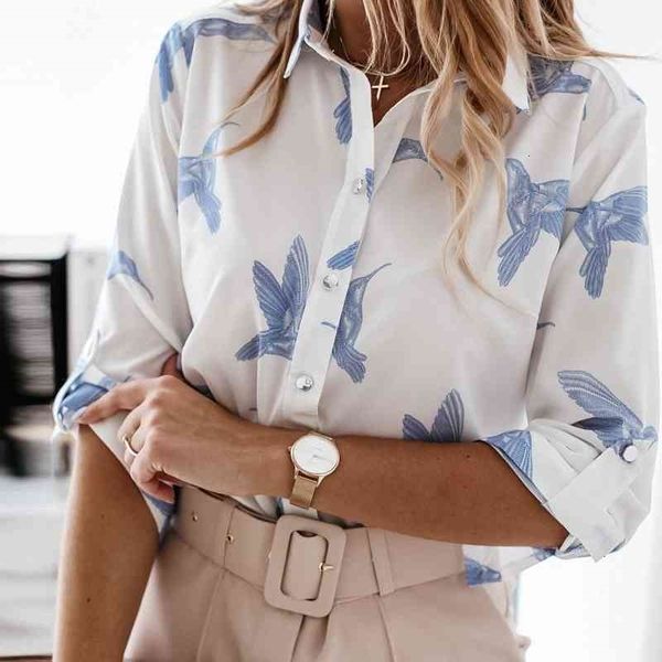 

women's knits & tees women sping chic print ol shirt casual white office blouses female turn down collar single breast work s