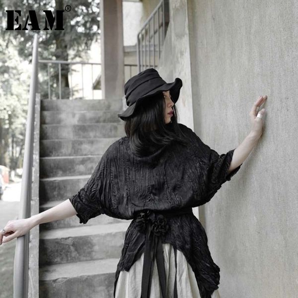 

[eam] women black pleated irregular split big size t-shirt new round neck half sleeve fashion tide spring summer 2021 1w318 210315, White