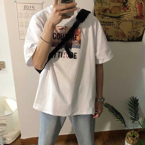 

men's t-shirts summer round neck versatile short sleeve korean fashion t-shirt loose casual bottom coat 2021 couple, White;black