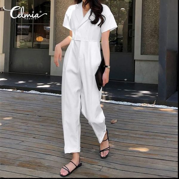 

summer women ol style rompers casual female short sleeve jumpsuits double breasted elegant playsuits solid wide leg pants, Black;white