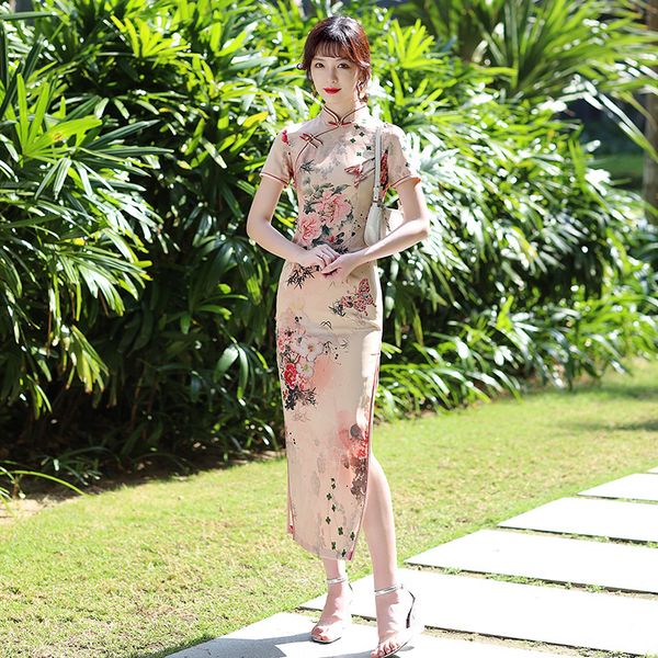 

flower printe satin handmade button short sleeve qipao traditional chinese women wedding dress daily long cheongsam, Red