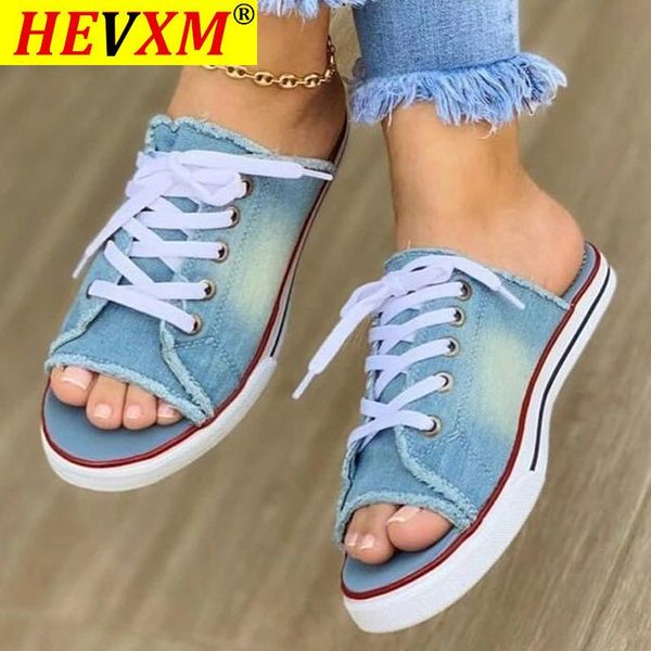 

2021 fashion women canvas sandals breathable summer slippers lace up open toe ladies faux denim flat shoes, Black