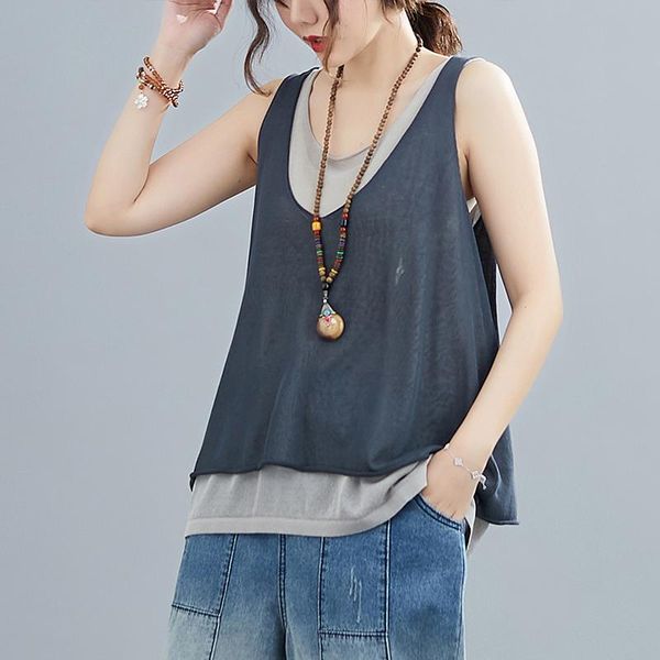 

women's tanks & camis women fake two-piece knitted vest sleeveless solid color plus size loose female summer clothes casaual tank, White