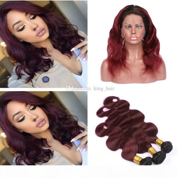 

dark root pre plucked 360 lace band frontal with ombre 1b 99j virgin body wave human hair bundles extension 4pcs lot bleached knot, Black