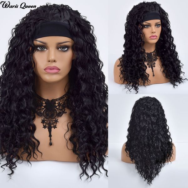 

headband nutural long black water wave synthetic wigs for black women heat resistant fiber glueless black wig