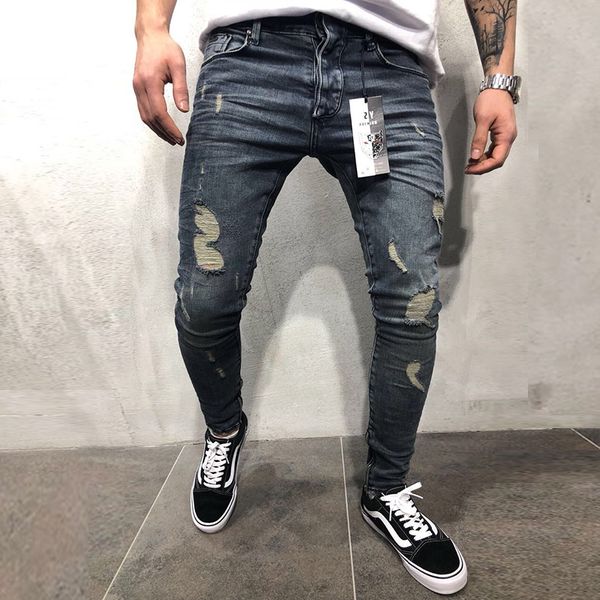 

2021 new hole zip slim men's europe and america fashion solid color denim trousers large size 28-40 fc0l, Blue