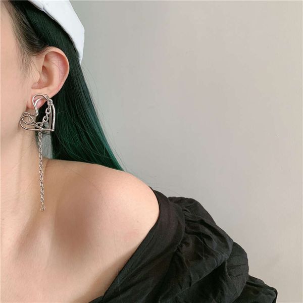 

hbp fashion niche design geometric hollow out double love irregular tassel chain peach heart exquisite earrings, Silver