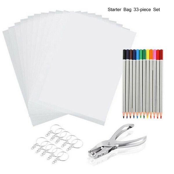 

craft tools 33/145/198pcs diy drawing art supply shrinky paper heat shrink sheet plastic kit hole punch keychains pencils