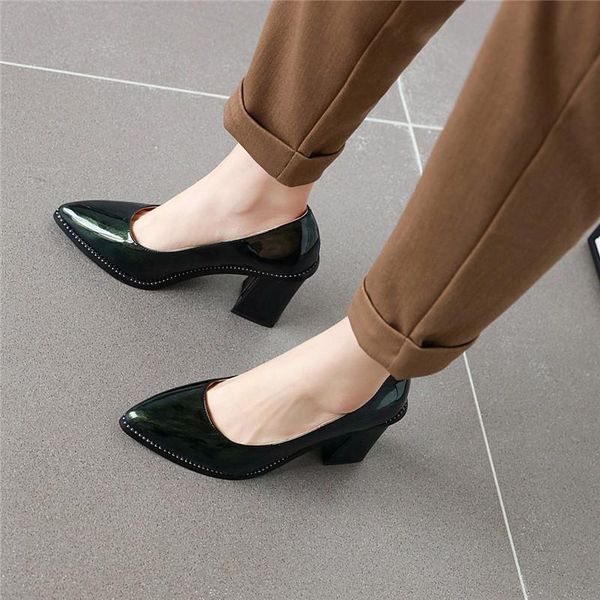 

dress shoes ymechic good quality office block heel luxury women designers patent green red high heels ladies pumps summer, Black