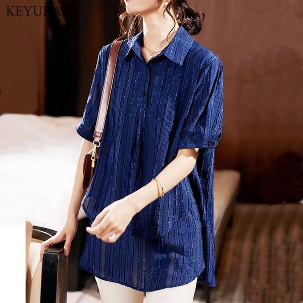 

women's blouses & shirts 2021 summer oversized blouse women short sleeve shirt streetwear blue striped turn down collar fashion female, White