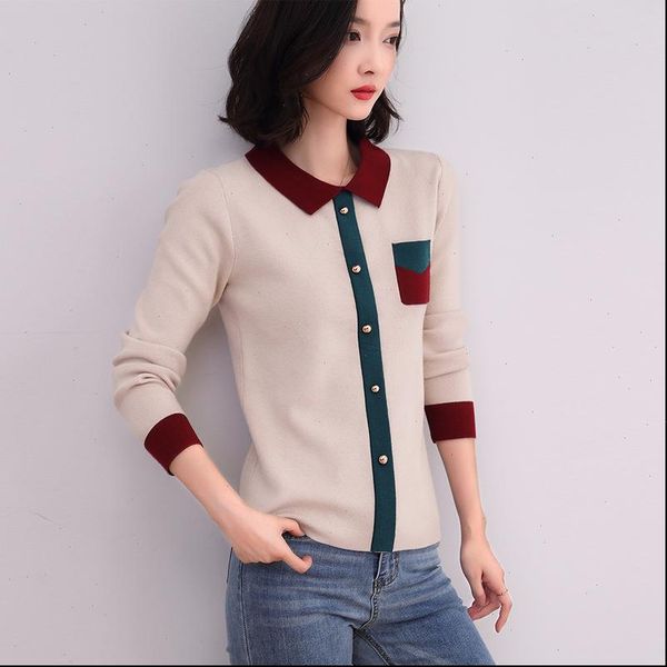 

knitted sweater women 2021 autumn fashion pullover turn down collar contrast color knitwear pull femme women sweaters knit, White;black