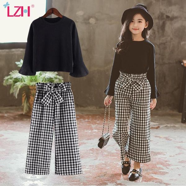 

lzh 2021 selling autumn fashion long-sleeved t-shirt+bow plaid pants 2pcs suit teens girls sets children clothing 4-12 year, White