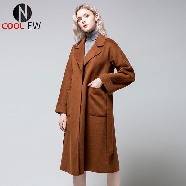 

women's trench coats wool coat long slim in autumn and winter, Tan;black