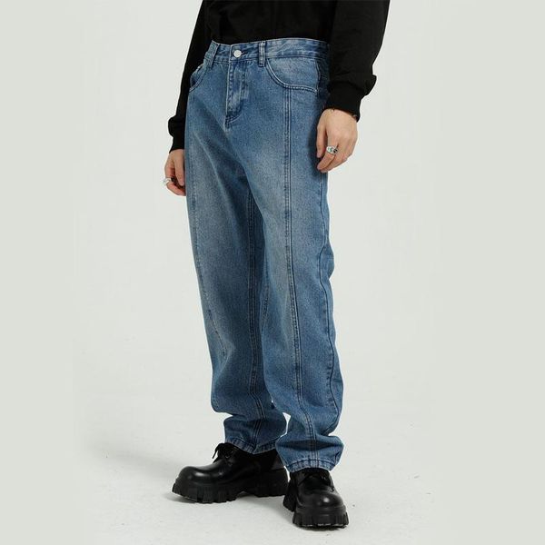 

men vintage casual japan korea style loose straight denim trousers male streetwear hip hop jeans pants, Blue