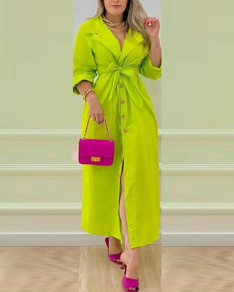 

casual dresses shirt dress women's fashion long sleeve tie front button 2021 summer wear solid color, Black;gray